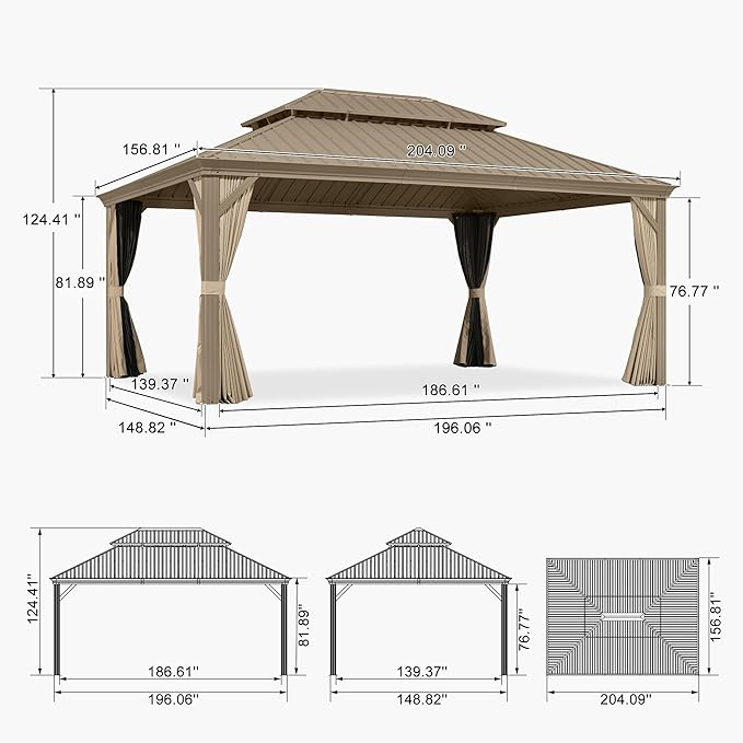 PURPLE LEAF Outdoor Gazebo 13'X17'，Champagne Hardtop Gazebo with Galvanized Steel Double Roof, Permanent Patio Gazebo with Curtains and Netting for Patio Lawn Garden and Deck