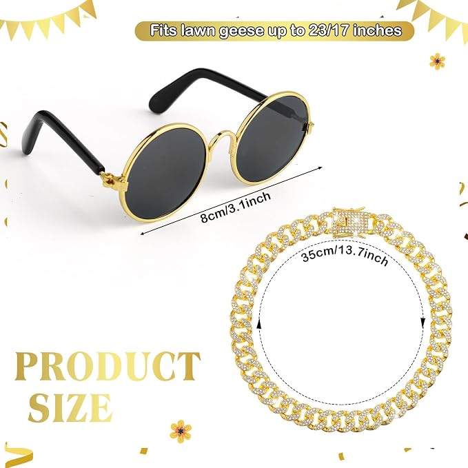Shyyween Chain Collar and Sunglasses Porch Goose Outfits for Plastic Goose 23"/ 17'' Lawn Geese Statue Sunglasses Collar for Garden Geese Retro Pet Cosplay Party Yard(Gold,Rhinestone)