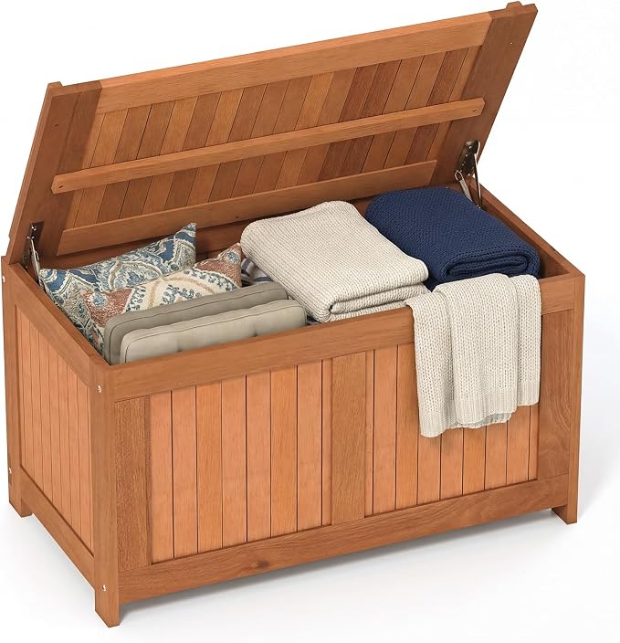 HAPPYGRILL Outdoor Wood Deck Box with Flip Top, Patio Storage Bench for Garden, Poolside, Backyard, 52 Gallon