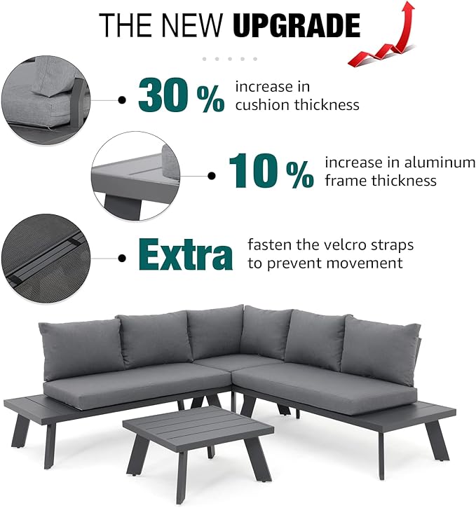 Soleil Jardin 4-Piece Outdoor Patio Furniture Set L-Shaped Aluminum Sectional Sofa with Coffee Table All-Weather Patio Conversation Set with Cushions, Dark-Grey