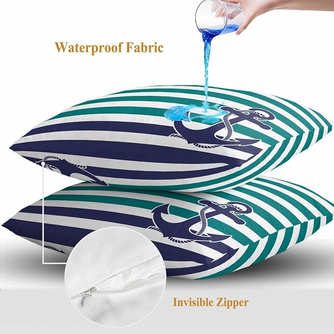 Throw Pillow Covers 18x18 Inch Set of 2, Anchor Teal Waterproof Outdoor Cushion Covers, Modern Navy Blue White Striped Nautical Decorative Pillowcases for Couch, Sofa, Bed, Garden, Patio