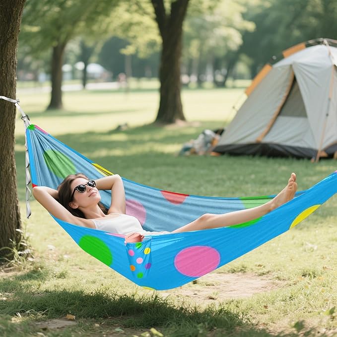 Cartoon Colorful Dot Blue 330lb Capacity Camping Hammock with Tree Straps Indoor Hammock for Patio Backyard Lounge Base soporte para hamacas para adultos
