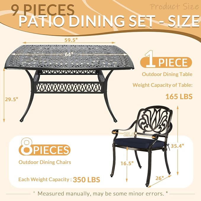 9 Piece Outdoor Patio Dining Set for 8, Cast Aluminium Large Square Dining Table & 8 Cushioned Stackable Chairs, Umbrella Hole, Patio Furniture Set for Garden Porch Poolside, Navy Blue