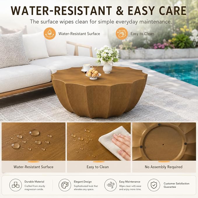 35.43" Concrete Outdoor Table,Modern Round Stone Coffee Table,Waterproof Outdoor Coffee Table for Patio for Terraces, Gardens, Backyards and Living Rooms (Natural, 35.43")