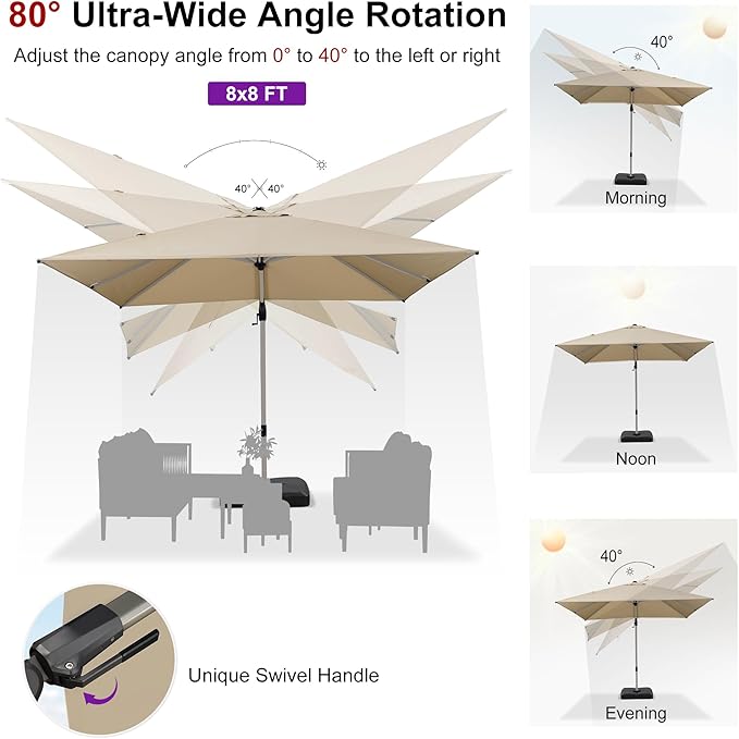 PURPLE LEAF 8' X 8' Left-right Tilting Patio Umbrella with Base Outdoor Swivel Cantilever Offset Aluminum Umbrella with Champagne Frame and 360-degree Rotation for Garden Deck Pool, Beige