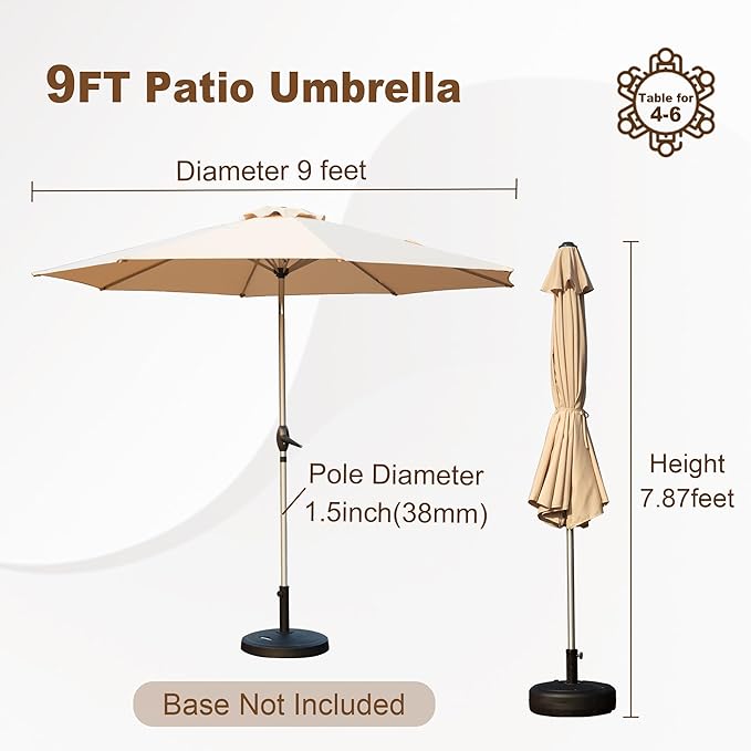 Domi 9FT Patio Umbrella, Outdoor Table Umbrella with Aluminum Pole, UV Protection Waterproof Market Sun Umbrella with Push Button Tilt and Crank for Garden, Deck, Backyard, Pool (Beige)