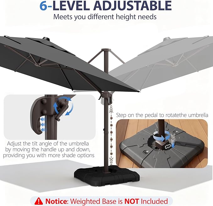 10' X 10' Patio Umbrella Cantilever Outdoor Rectangle Umbrella with Base Included, Heavy Duty 360°Rotation Offset Umbrella for Garden Deck Pool Patio, Grey