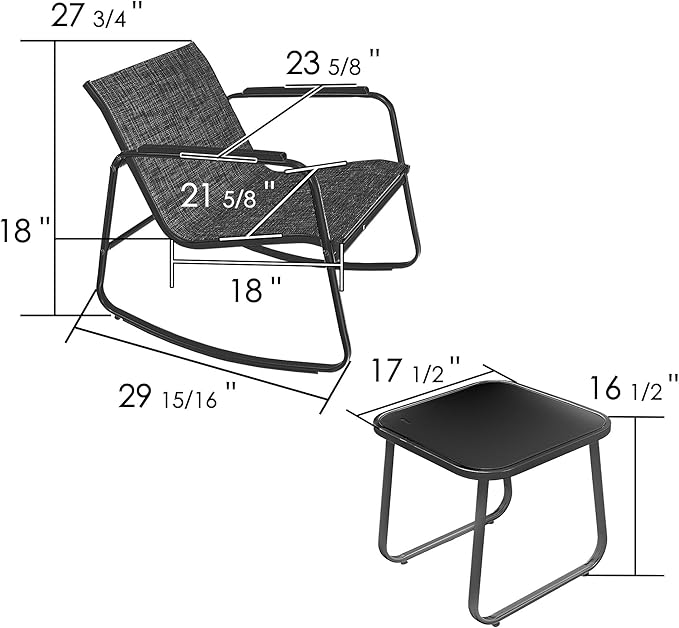 Kozyard 3 Piece Rocking Chair Set, Outdoor Rocking Textilene Bistro Set with Wooden Armrests, Outdoor Patio Furniture Set with Glass Table for Lawn, Porch, Yard, Garden, Balcony, Poolside Gray