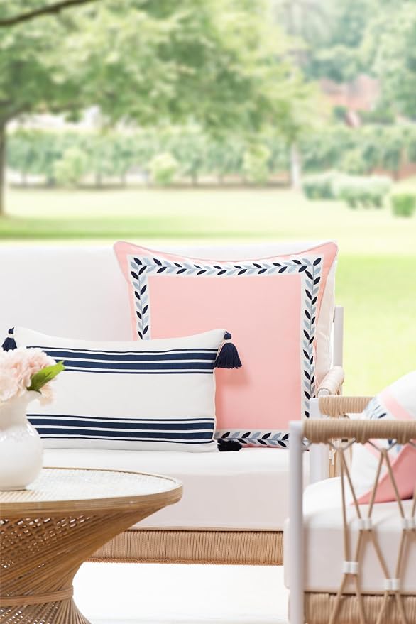 Hofdeco Premium Coastal Patio Indoor Outdoor Lumbar Pillow Cover Only, 12"x20" Water Repellent for Backyard, Couch, Navy Blue Embroidered Stripes with Tassels