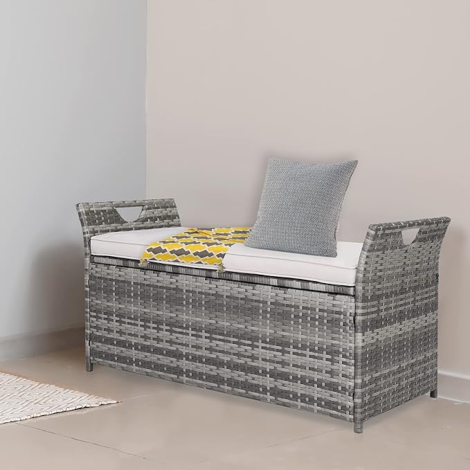 33 Gallon Outdoor Wicker Storage Bench with Cushion,Footstool Locker,Rattan Deck Storage Box with Handles & Hydraulics for Patio Furniture,Cushions,Garden Tools,Pool & Sports Equipment