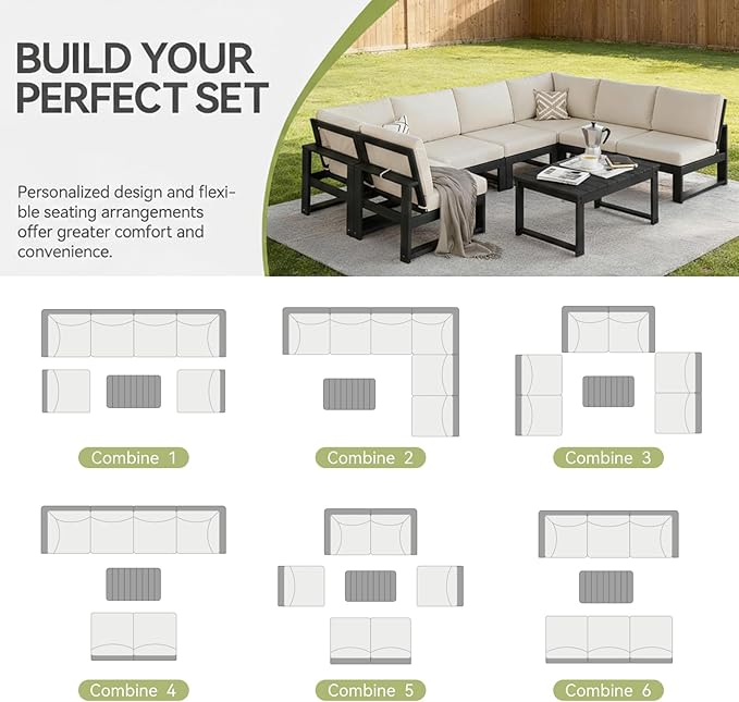 Patio Furniture Set, HDPE Sectional Outdoor Conversation Sets, 7-Piece Outdoor Couch Set with Deep Cushions, All-Weather Patio Sofa Set for Garden, Backyard, Porch, Black