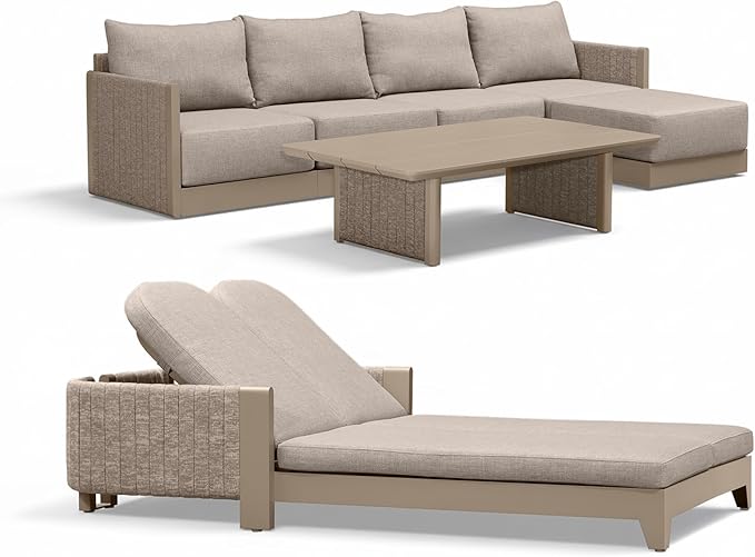 PURPLE LEAF Patio Furniture Set with 2-Person Chaise Lounge 7 Pieces Outdoor Conversation Sets with Coffee Table Patio Sofa with Cushions Weaving Deep Seating Furniture for Porch Lawn Backyard Beige