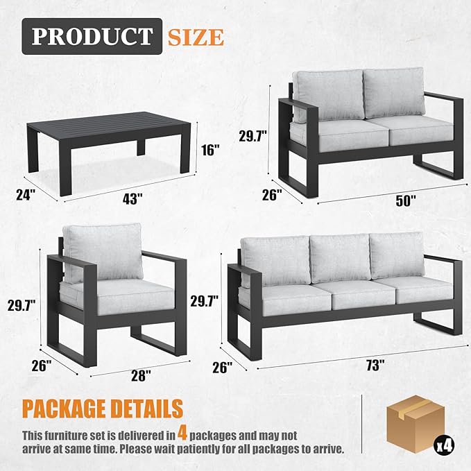 Outdoor Aluminum Furniture Set - 5 Pieces Modern Patio Conversation Sets Metal Sectional Sofa with Coffee Table