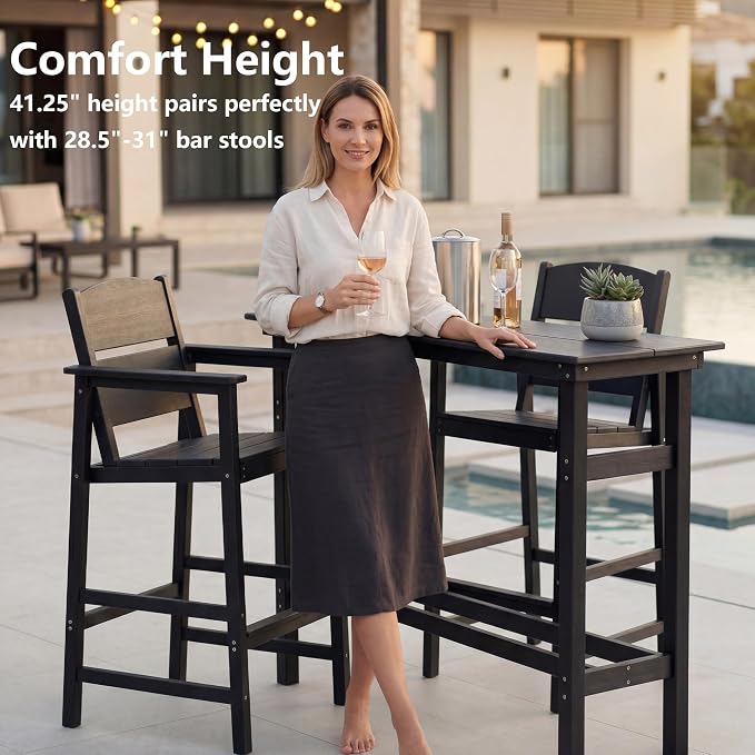 Outdoor Bar Height Table and Chairs Set, 3 Piece HDPE Outdoor High Top Table and Chairs, Reinforced Patio Pub Table with 2 Bar Stools, All Weather Bar Height Patio Set for Deck/Balcony, Black