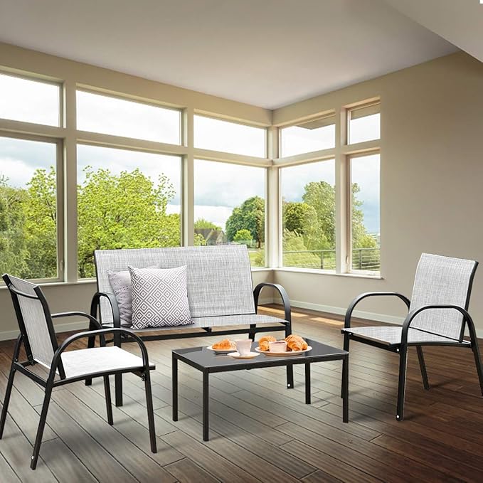 Tangkula 4 Pieces Patio Furniture Set, Metal Frame Heavy Duty Outdoor Conversation Set, Includes Glass Top Coffee Table, 2 Armrest Chairs and Loveseat, Suitable for Lawn Garden Porch Balcony (Gray)