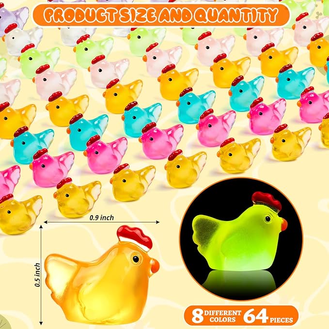 192PCS Luminous Mini Resin Chickens Tiny Chickens for Micro Garden | Miniature Chickens Animals Figurines Glow in The Dark, Micro Landscape DIY, Home Outdoor Party Decor