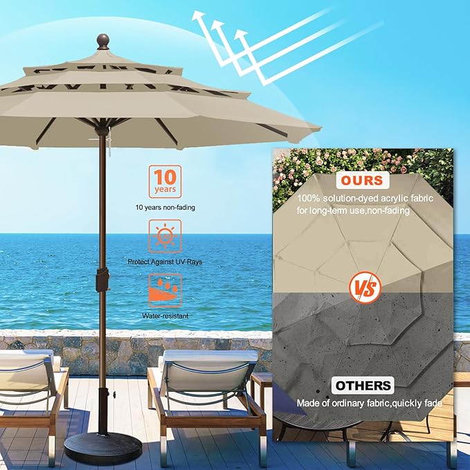 Eurmax USA 10-Year-Non-Fading 10FT 3-Tier Outdoor Patio Market Umbrella,UPF50+ UV Resistant,Heavy Duty Commercial Grade,Crank Lift Design,Windproof Vented Top for Garden,Pool,Deck,Antique Beige