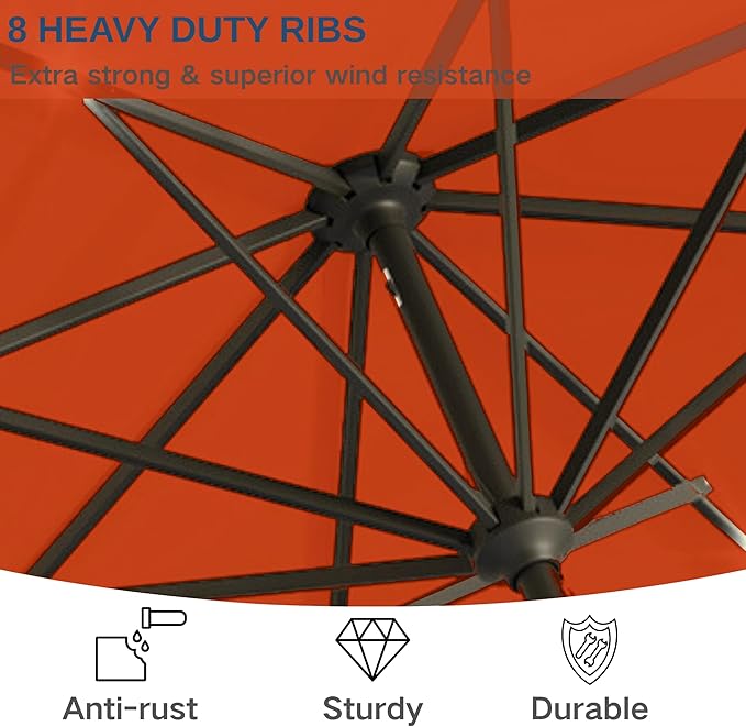 9' Solar LED Patio Umbrella with Tilt & Crank|8 Sturdy Ribs,UV Protection,Outdoor Market Table Umbrella for Deck,Lawn,Pool,Backyard(Orange)