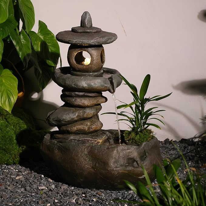 28" H Imitation Rock Pagoda Design Outdoor&Indoor Cascading Water Fountain, Natural Zen Decor Waterfall with LED Lights - Suitable for Garden/Patio/Yard/Deck/Balcony and Home Art Decor （Resin）