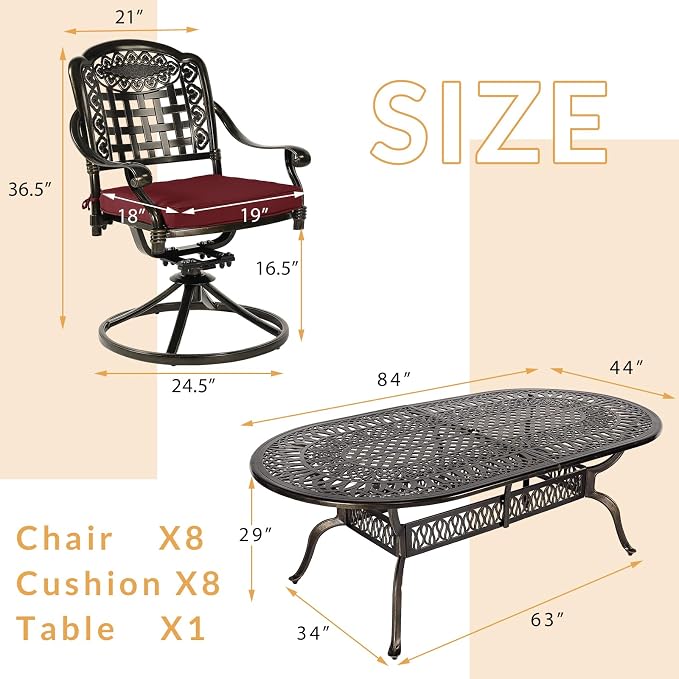 9-Piece Patio Dining Set, Oval Cast Aluminum Dining Table with Umbrella Hole & 8 Swivel Rocker Chairs, Red