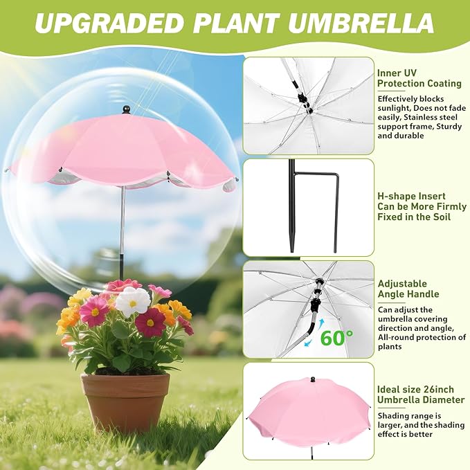 4 Pack Plant Umbrellas for Outdoor Plants, Larger Garden Umbrella Sun Shade for Garden Beds Potted Plants-Upgraded 43.3" Higher Adjustable Angle Plant Shade Cover Umbrellas for Plant Flower