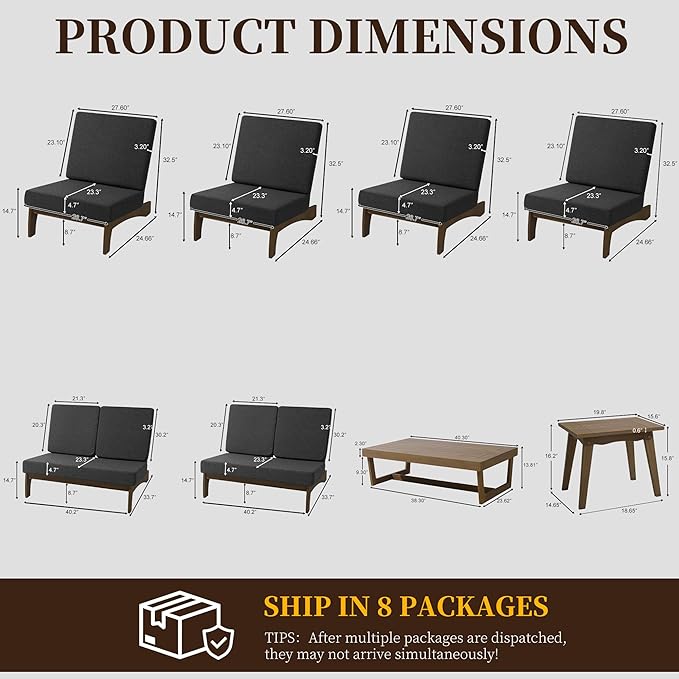 UIXE 8 Pieces All Weather Wood Patio Furniture Sets, 2 Patio Loveseat, 4 Patio Bistro Chair, Outdoor Sectional Sofa Furniture Backyard Conversation Set with Coffee Table - Dark Gray