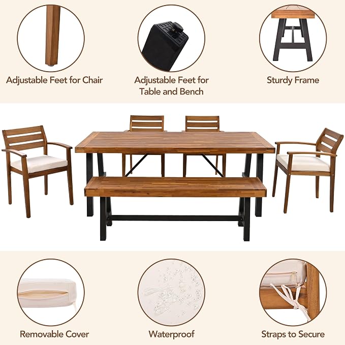 6-Pcs Outdoor Patio Dining Table & Chair & Bench Set for 6, Wooden Outdoor Dining Table Set with Removable Cushion, 6-Pcs, Wood