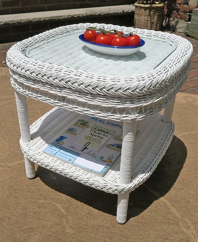 White Wicker End Table & Glass Garden Side Style
