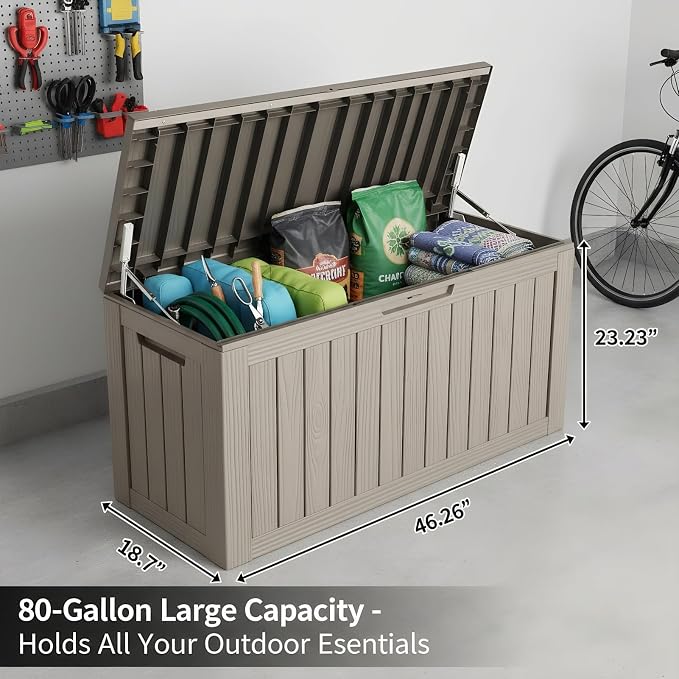 80 Gallon Resin Deck Box, Outdoor Container for Patio Furniture Cushions, Garden Tools, Pool Accessories & Yard Equipment - All-Weather, Lockable, Wood Grain Design