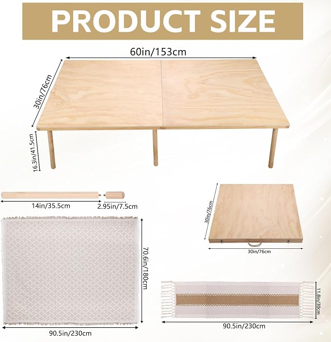 Folding Picnic Table with Boho Table Runner & Large Picnic Blanket, 60" x 30" Portable Wooden Picnic Table with Adjustable Heights for Indoor & Outdoor, Ideal for Camping, Beach, Wedding & Party