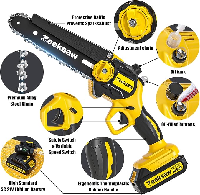 Mini Chain saw Cordless 8 inch Auto Oiler, Automatic Chain Tension, 21V MAX* Rechargeable Cordless Chainsaw with 2x2.0Ah Battery and Charger, Mini Chainsaw 8 inch Cordless Hand-Held Electric Chain Saw