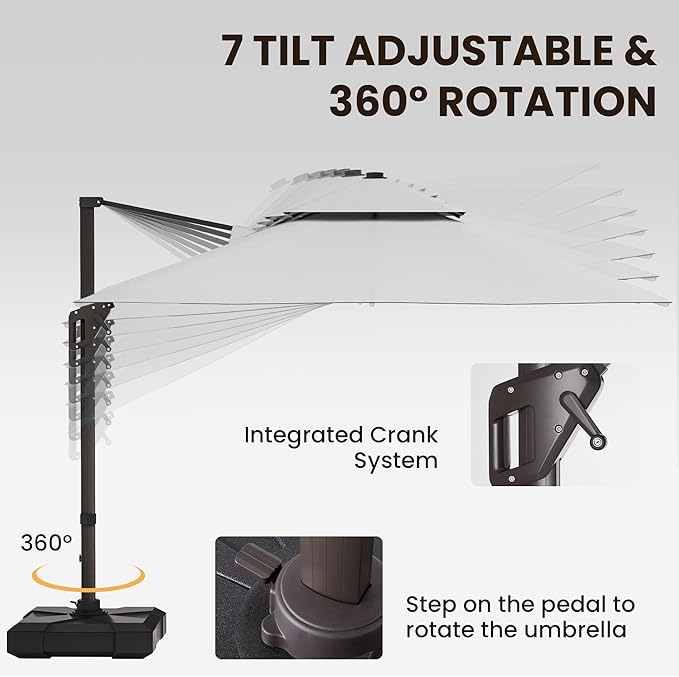 9 X 12 FT Cantilever Patio Umbrella with Led Lights and Base Included Outdoor Heavy Duty Double Top Rectangle Offset Umbrellas with 360-degree Rotation for Pool Deck Backyard, Foggy Grey