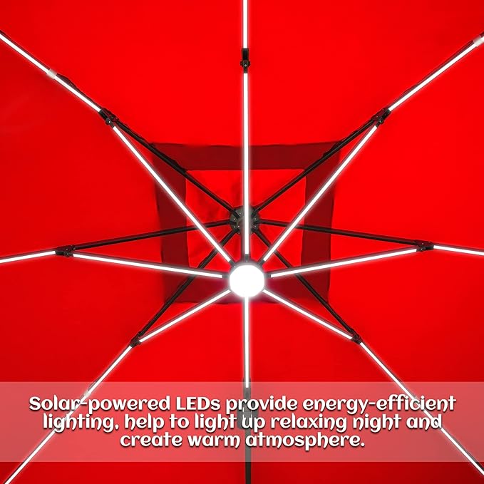 Sunnyglade 10x10ft Solar Powered LED Cantilever Patio Umbrella Square Deluxe Offset Umbrella 360°Rotation & Integrated Tilting System & LED lights for Market Garden Deck Pool Backyard Patio