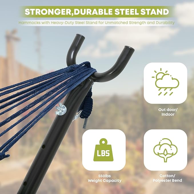 Double Hammock with Space Saving Steel Stand,(450 lb Capacity - Premium Carry Bag Included),Portable Hammock with Heavy Duty Steel Stand for Backyard,Camping or Garden,Blue