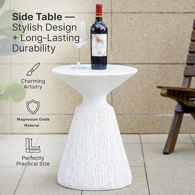 Round Outdoor Side Table MGO Concrete Patio End Table with White Terrazzo-Speckled Decor, Fully Assembled Weather-Resistant Accent Table for Patio, Balcony, Living Room, Garden
