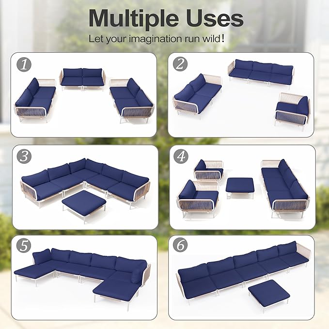 Patio Furniture Set, Outdoor Patio Furniture Oversized Metal Patio Sectional Sofa, 6-Seat Conversation Set with Cushion for Indoor and Outdoor, White Frame and Blue Mat
