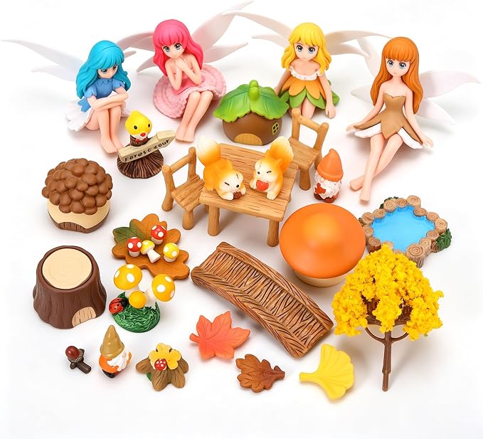 Fairy Garden Accessories 30Pcs Mini Fall Resin Figurines | Miniature Garden, Tiny Autumn Landscape Decor, Rich Variety, Gnomes Animal Plant Furniture, DIY Terrarium Potted Dollhouse