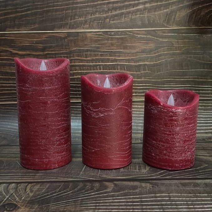 Battery Operated Flameless Led Candles Real Wax Pillar Candles with Remote Timer Electric Flickering Decorative Burgundy Wax Candles for Home Wedding Party Centerpiece Decor 3 Pack 3”X 4”, 5”, 6”