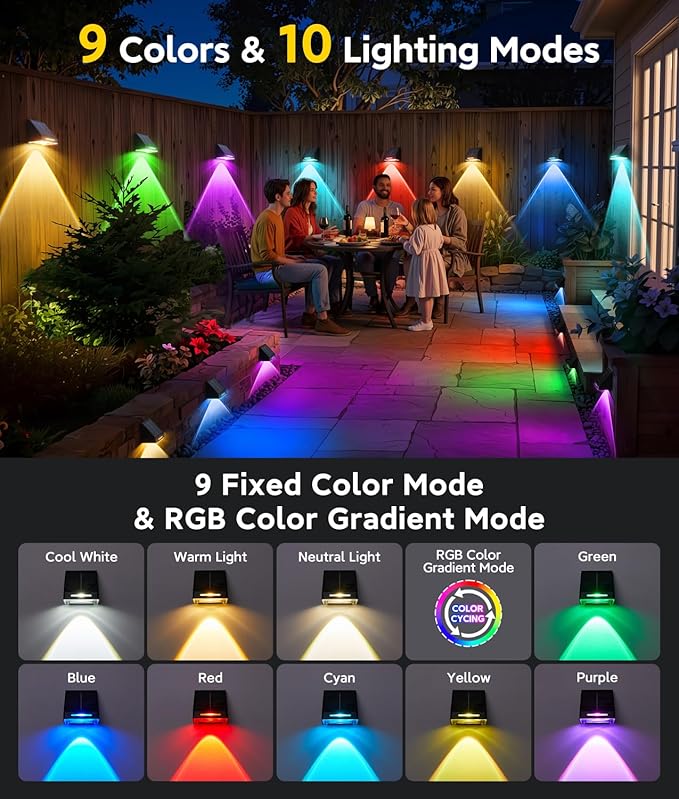KOOPER Solar Fence Lights Outdoor Waterproof 4 Pack, Solar Fence Lights with Ultra-Bright LED Lens, 10 Modes & 9 Colors Outdoor Solar Lights for Fence, Backyard, Railing, Patio, Wall, Step, Deck