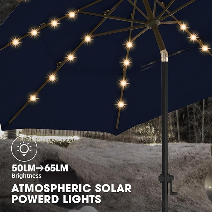 wikiwiki 9FT 3Tiers Solar Led Patio Umbrella, Sturdy Outdoor Market Umbrella for Deck, Pool, Garden w/Tilt, Crank, 32 LED Lights, Navy Blue