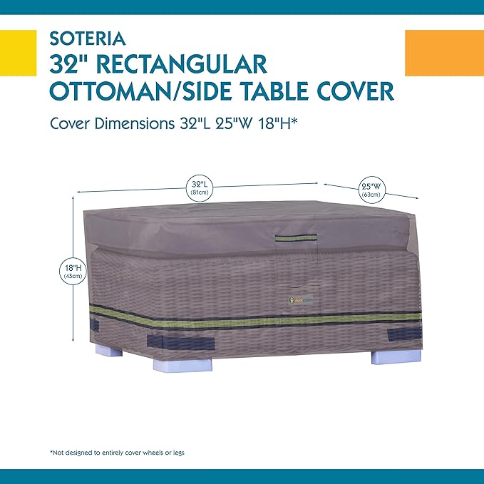 DUCKCOVERS Soteria Waterproof 32 Inch Rectangular Patio Ottoman/Side Table Cover, Outdoor Ottoman Cover