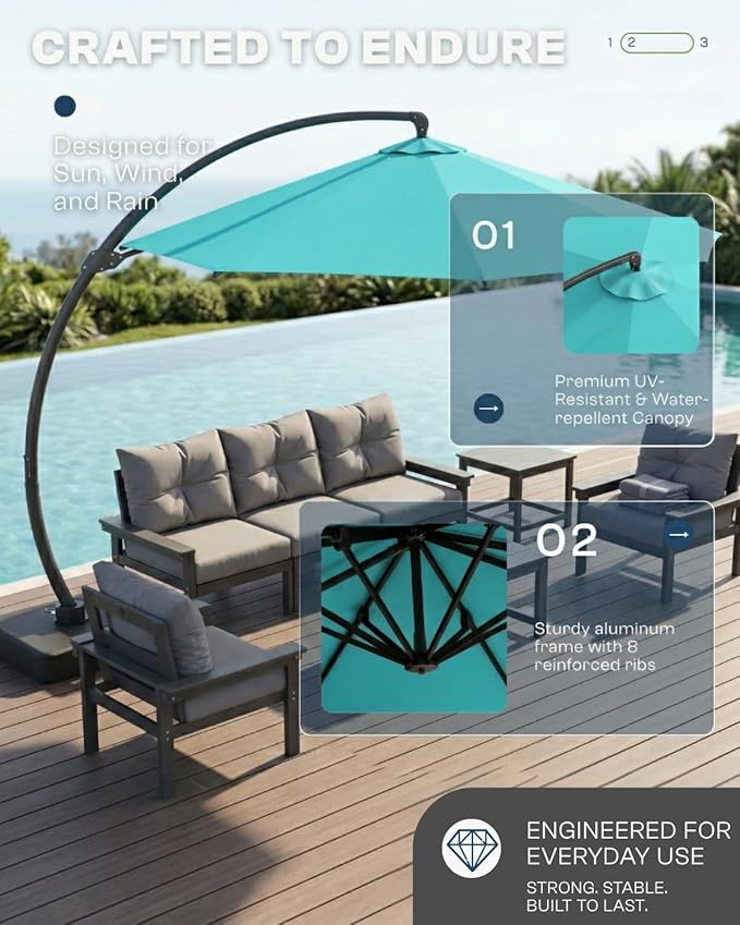 12 FT Cantilever Umbrella with Base Included, Large Round 360° Rotation Offset Umbrella Outdoor Patio, Heavy Duty Aluminum Frame, Sand-Weighted Stand, for Deck, Backyard, Pool, Garden (Teal)