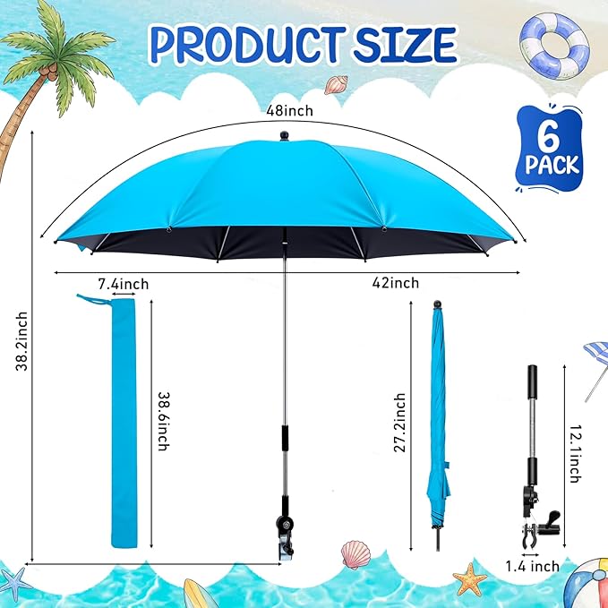 Sadnyy 6 Pcs Beach Chair Umbrella with Universal Clamp, 360 ° Adjustable Clip on Umbrellas 42" UPF 50+ Portable Sun Shade for Beach Chair Patio Camping Wheelchair Stroller Golf Cart