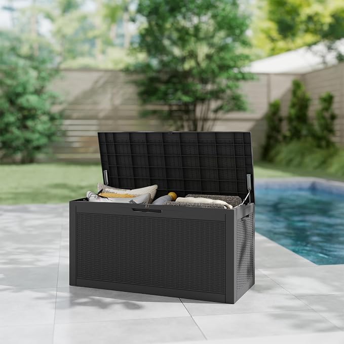 Outdoor Storage Box, 110 Gallon Waterproof Deck Box [Upgraded 3.0], Auto-Open Gas Struts Resin Organizer for Lounger Pillows, Secure Lockable Backyard Storage Bench, Poolside Deck, Black