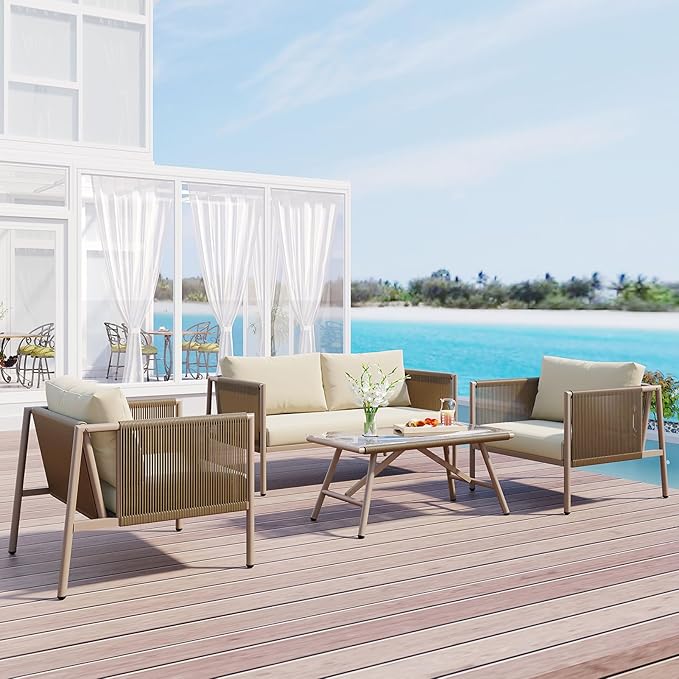 Outdoor Patio Furniture Couch Set, Rope Sofa Set with Thick Cushions and Toughened Glass Table All-Weather Wicker Sofa Conversation Set for Backyard, Beige
