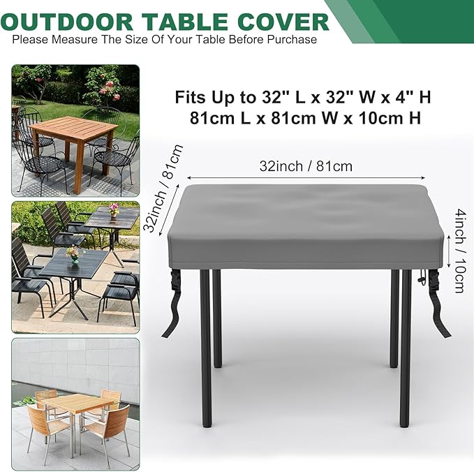 M METERXITY Square Patio Table Cover, 32"L x 32"W x 4"H Rectangular Table Cover for Outdoor Furniture, All-Weather/Waterproof/UV-Resistant, Patio Furniture Protector [Grey]