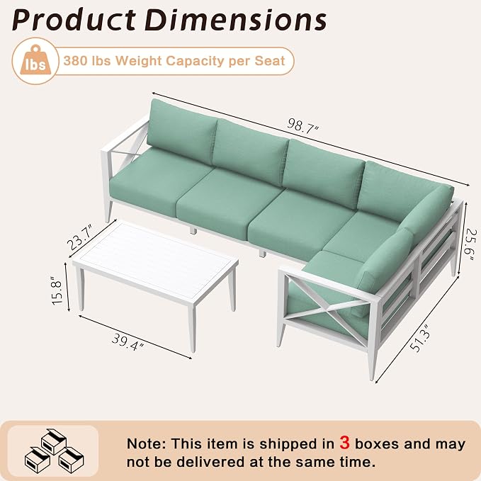 7-Piece Aluminum Patio Furniture Set, Oversized Outdoor Sectional Sofa with Corner Seat and Coffee Table, All-Weather Conversation Set for Yard, Deck, Balcony-White
