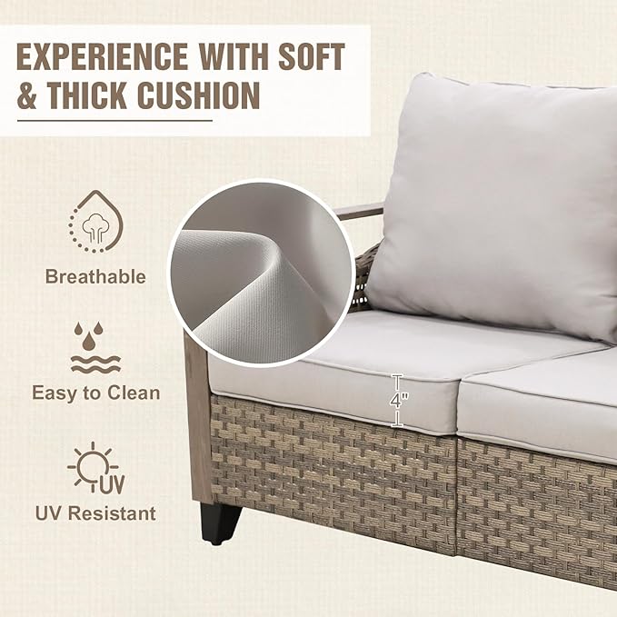 Modern Wicker Patio Furniture Set, Rattan Outdoor Conversation Set with Comfortable Cushions, 2 Seat Loveseat and 2 Ottomans, 3 Pieces, Brown/Gray