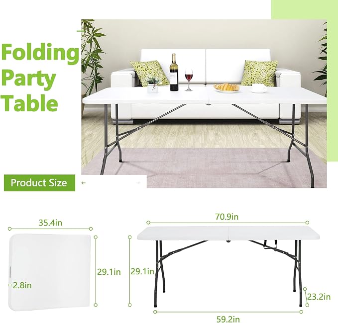 6ft Folding Table Portable Plastic Outdoor Table,Camping Multipurpose Rectangle Fold Up with Handle,Lock for Picnic, Party, Dining, Camping, Beach, BBQ, No Assembly