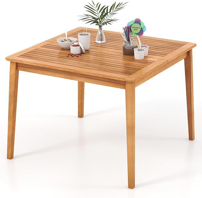 HAPPYGRILL Outdoor Acacia Wood Dining Table for 4 People, 40” Square Patio Bistro Table with Built-in Umbrella Hole, Deck Table for Porch, Garden, Backyard